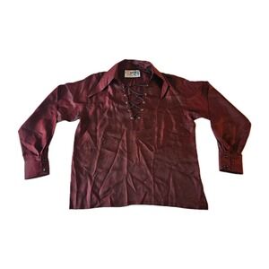 Vtg 70's Aaardvark's Odd Ark Burgundy Lace-Up V-Neck Dagger Collar Blouse L